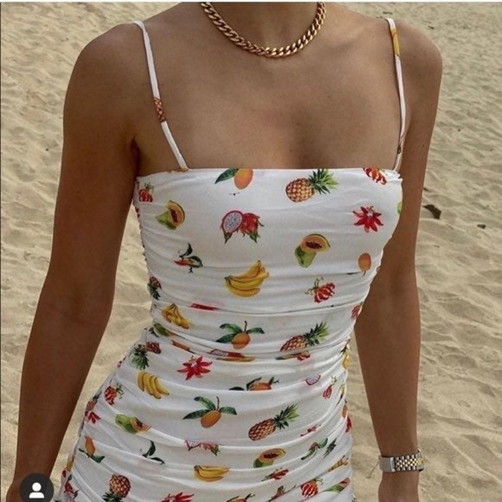 White Fruit-Print Spaghetti Strap Dress